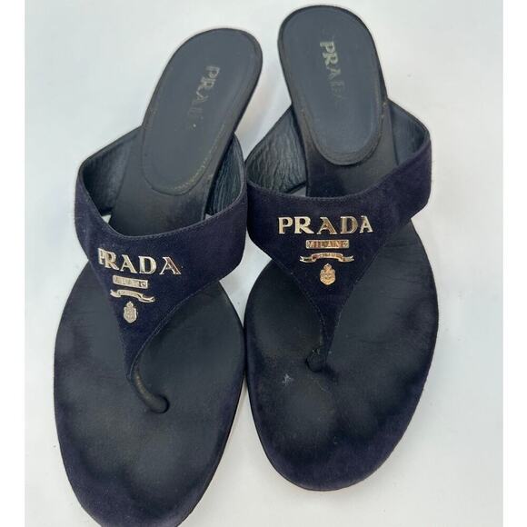 PRADA Navy Suede Logo Sandal Slide Thong Kitten Heel - Picture 3 of 8